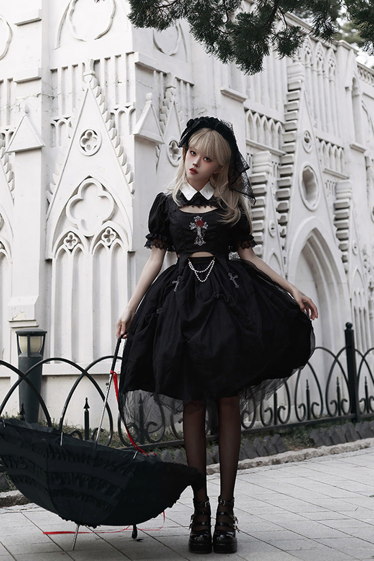Embroidered Cutout Lolita Dress Set with Short Sleeves in Black