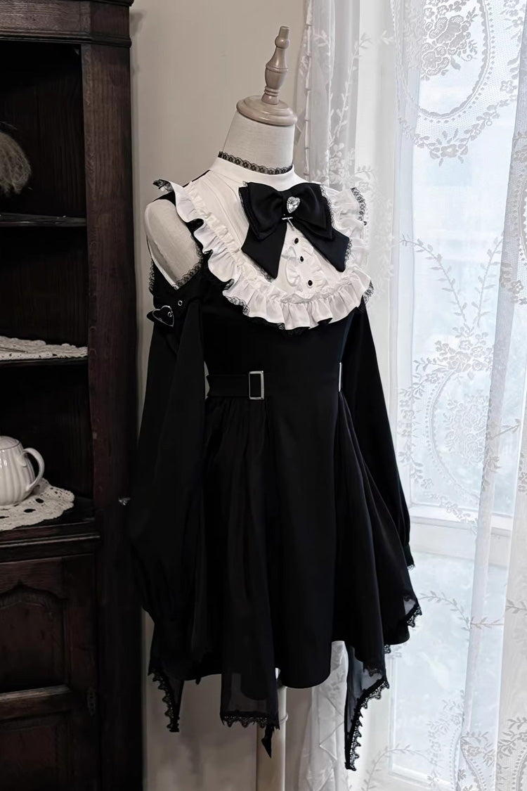 Monochrome Gothic Off-Shoulder Ruffle Bow Lace Jirai Kei Dress