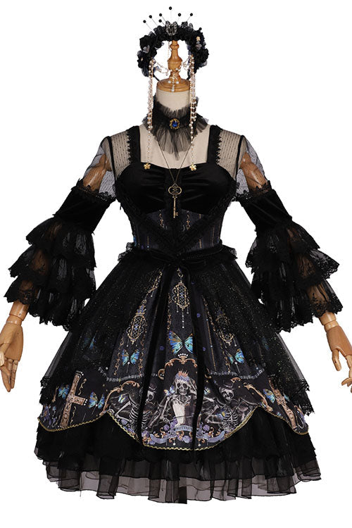 Black Skull Print OP Dress with Lantern Sleeves