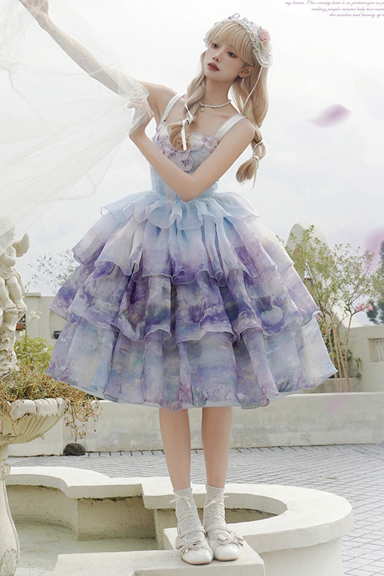 Multi-Color Swan Lake Printed Oil Painting Sweet Lolita JSK Dress - Three-Layer