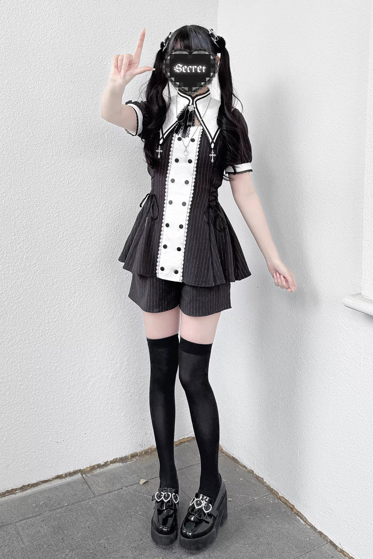 Offbeat Confession Printed Ruffled Bow Gothic Jirai Kei Dress Shorts Set