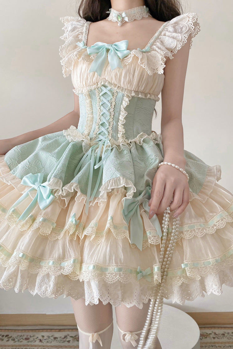Double-Layered Ruffle Lace Bowknot Sweet Ballet Green Jsk Dress - Flory Butterfly