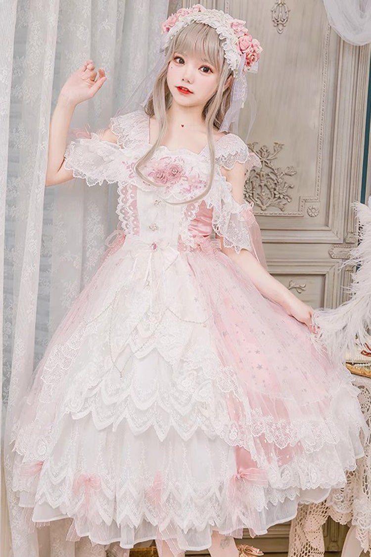 Glazed Phantom Off Shoulder Ruffle Hanayome Bow Lace Elegant Lolita Dress in Pink