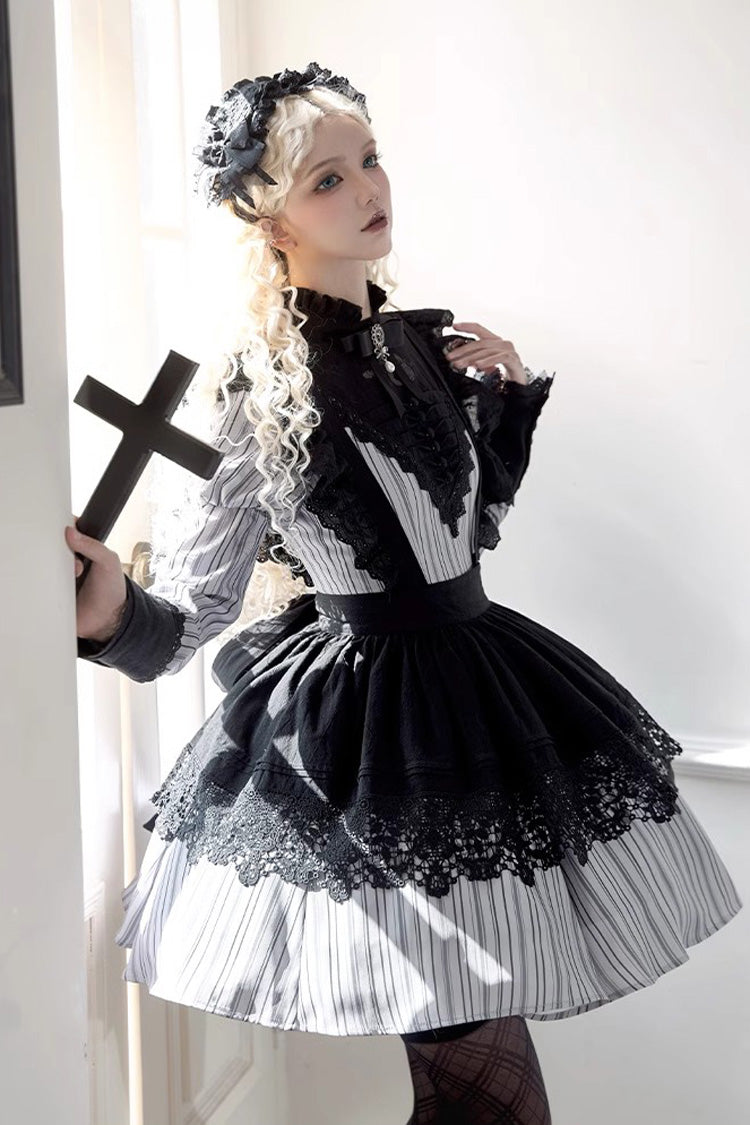 Grey Vertical-Stripe Bow Lace Gothic Gown
