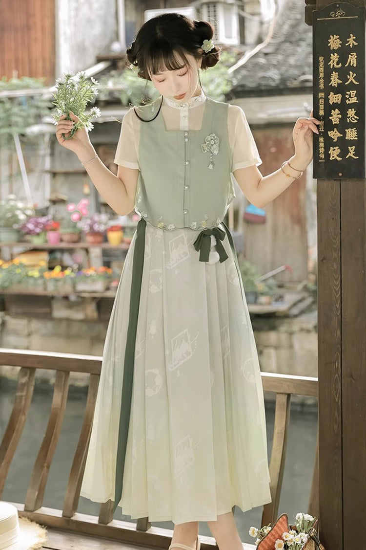 Emerald Embroidered Pearl-Button Sweet Hanfu Ensemble with Peter Pan Collar