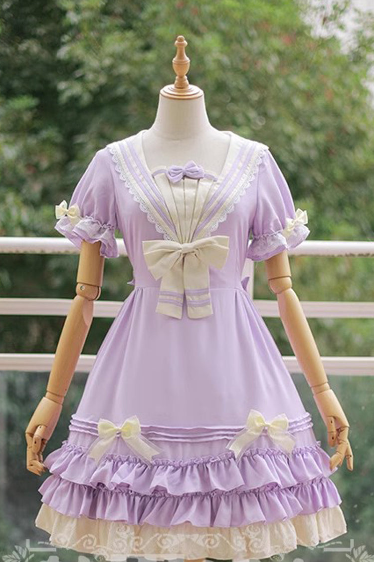 Navy-Inspired Sweet Lolita Dress with Short Sleeves and Bow in 4 Colorways