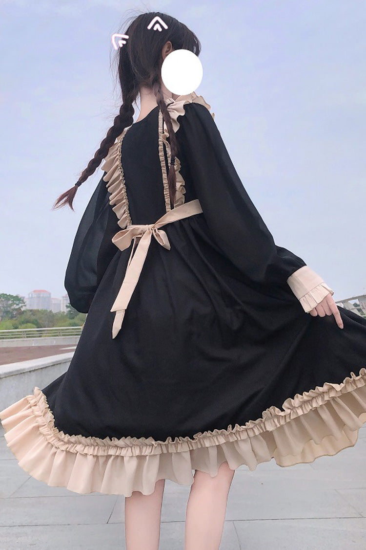 Long Sleeves Sweet Lolita OP Dress Waist Bow Ruffled - Altfashion Shop