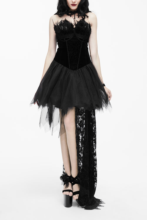 Gothic Wedding Gown with Feathers, Strapless Velveteen, Rose Lace Train
