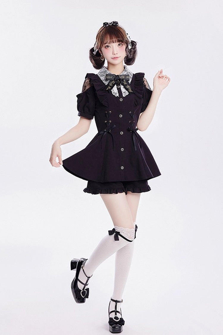 [Alice of Wednesday] Sweet Off Shoulder Short Sleeves Ruffle Bowknot Lace-Up Japanese Jirai Kei Dress Shorts Set 3 Colors