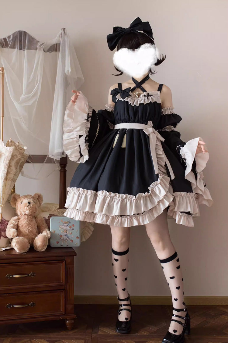 Sleeveless High Waist Ruffle Bow Asymmetric Gothic Lolita Jumper Dress - Black