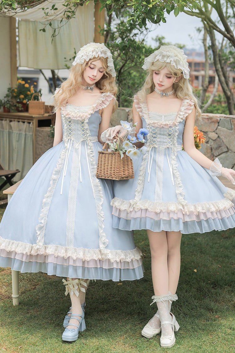 Island Diary Square Collar Flutter Sleeves Triple-Layered Ruffled Lace-Up Sweet Lolita Jsk Dress 2 Versions - Blue