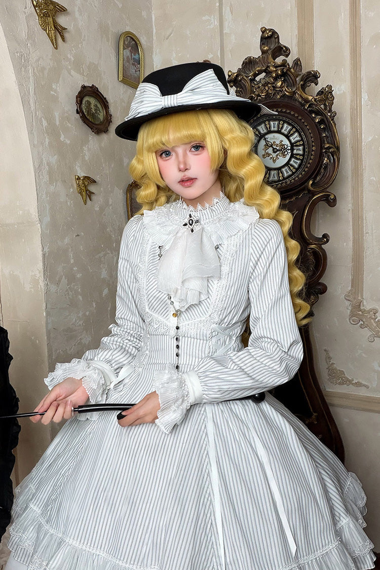 Ivory Manor Point High Collar Long Sleeve Striped Ruffle Hem Gothic Gown