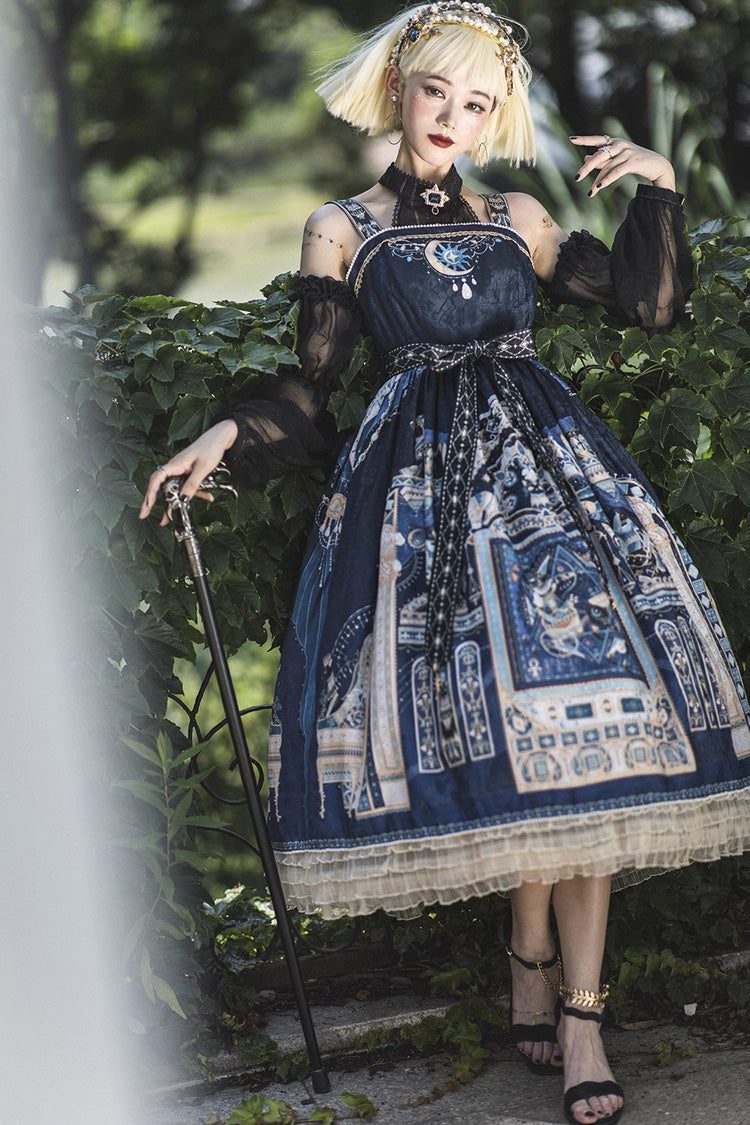 Gothic Lolita Dress with Egyptian Print, Ruffles, Dusk Style