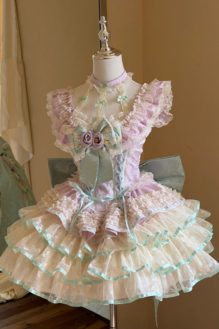 Flower Language of Eros Violet Halterneck Ruffle Bowknot Rose Lace-Up Ballet Lolita JSK - Flower Language of Eros