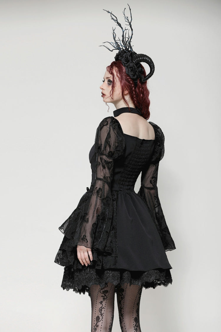 Majestic Black Multi-Layered Lace Trumpet Puff Sleeve Halter Gothic Lolita Graduation Gown