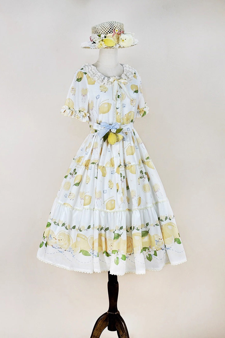 Ivory Casual Print Ruffle Bow Lace Sweet Dress