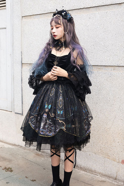 Black Skull Print OP Dress with Lantern Sleeves