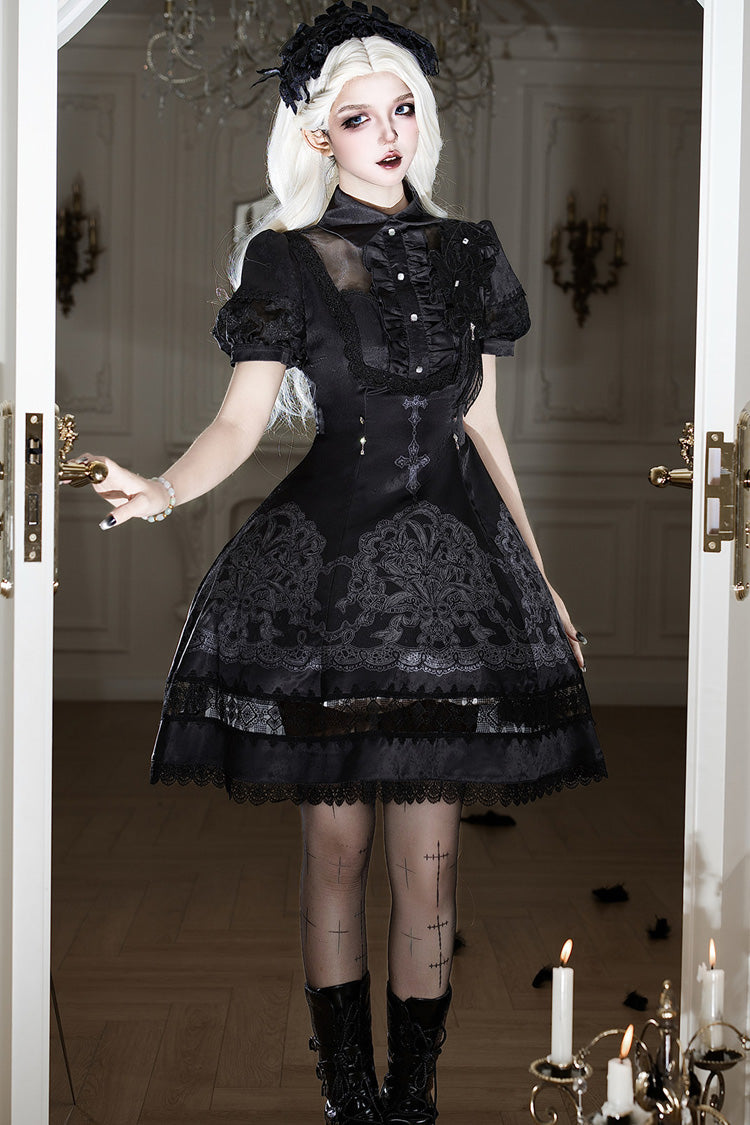 Black Classic Gothic Dress with Embroidered Lace