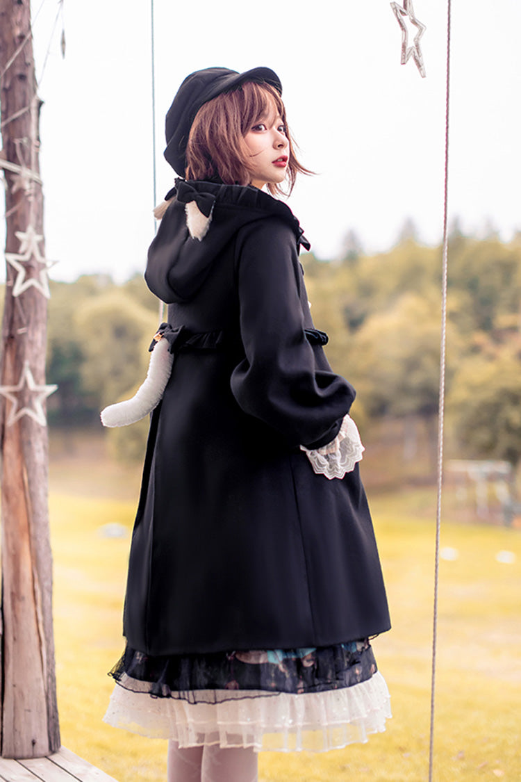 Sweet Lolita Hooded Coat with Cat Tail Bowknot and Ruffles