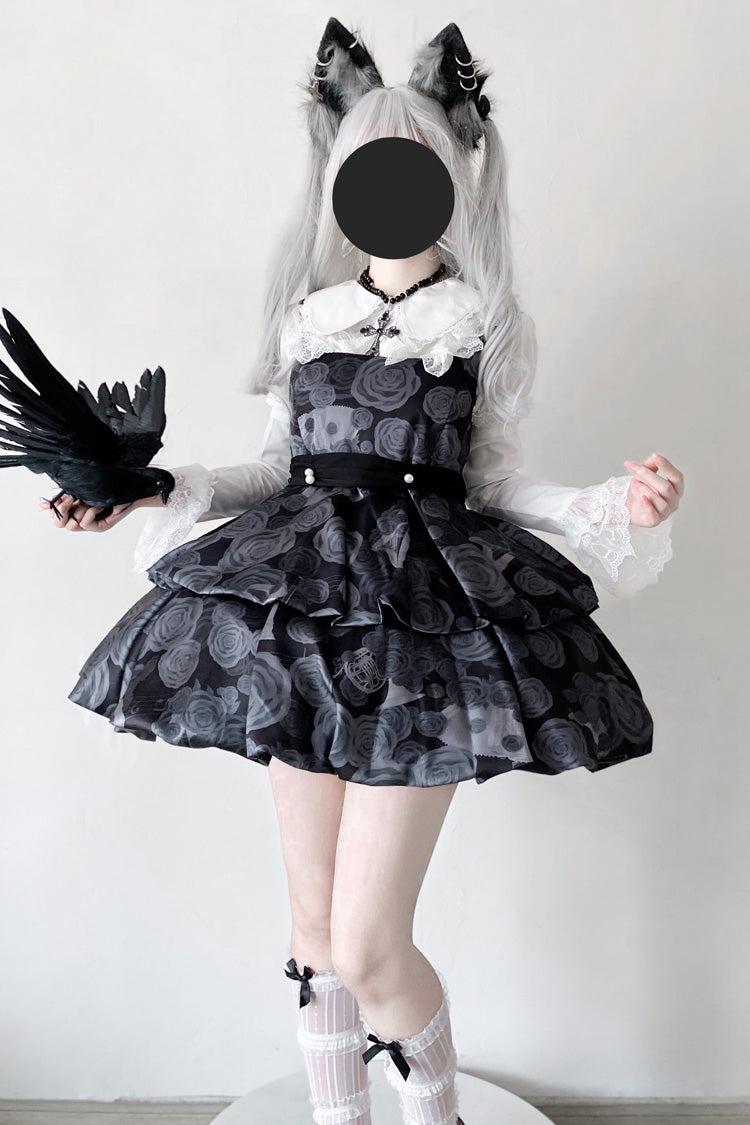 Midnight Rose Print Two-Layer Bowknot Gothic Lolita JSK Dress