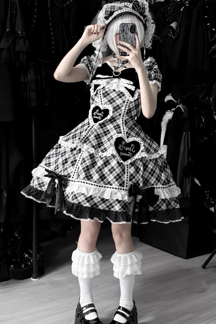 Sweet Lolita OP Dress with Plaid Print and Ruffle Bow Knot