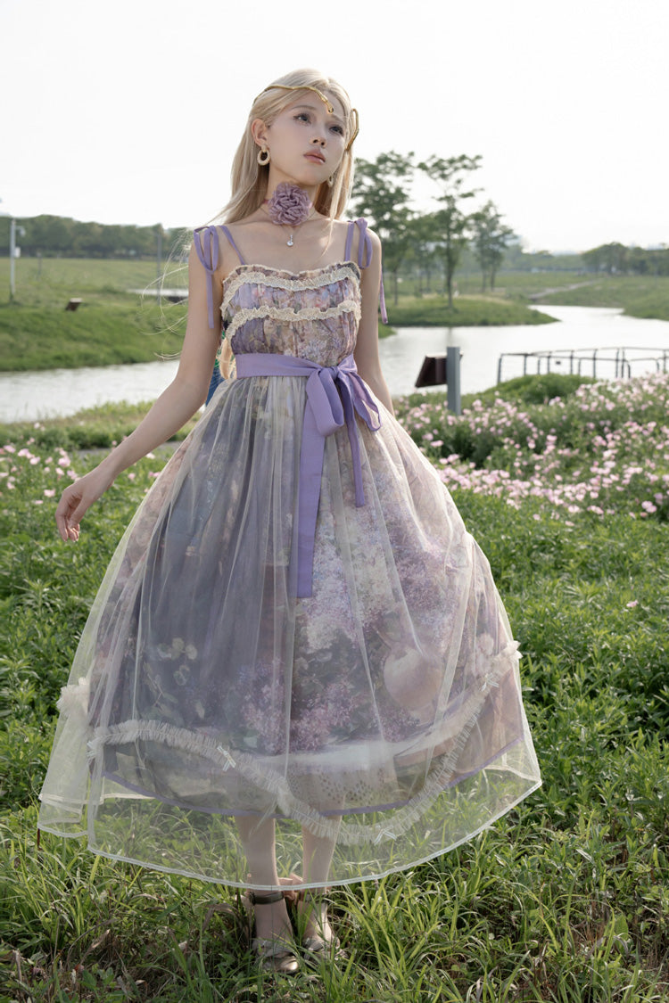 Violet Shaded Blossoms Oil Painting Sleeveless Printed Ruffled Bow Lace JSK