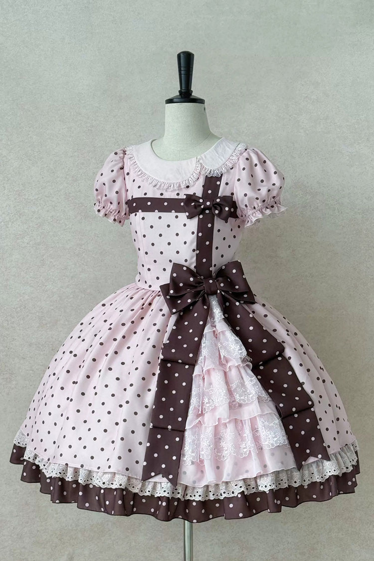 Canelé Gift Box Round Collar Short Sleeves Double-Layered Printed Polka Dot Ruffled Open-Front Bow Asymmetric Sweet Lolita Dress V2 - Pink