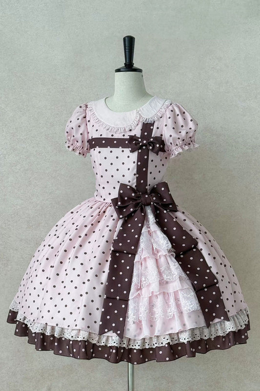 Canelé Gift Box Round Collar Short Sleeves Double-Layered Printed Polka Dot Ruffled Open-Front Bow Asymmetric Sweet Lolita Dress V2 - Pink