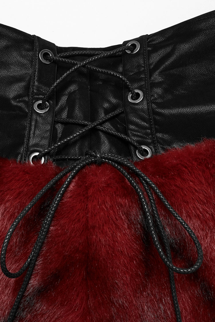Crimson & Noir Faux Fur & Leather Lace-Up Punk Skirt for Women