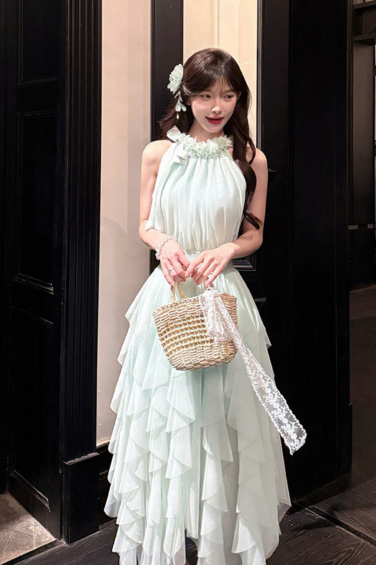 Green Halterneck Ruffled Irregular Sweet Dress