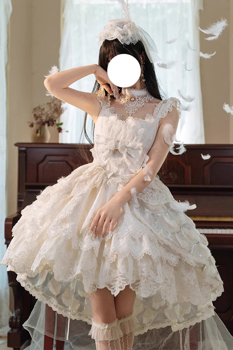 Ivory Peacock Feather Multi-Ruffle Bridal Cardigan Bow Lace Lolita JSK Set