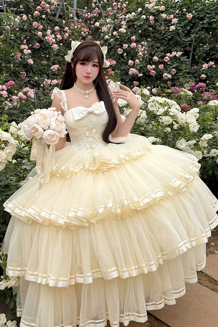 Organza Satin Sleeveless Layered Ruffled Bow Lace Sweet Lolita JSK - Apricot