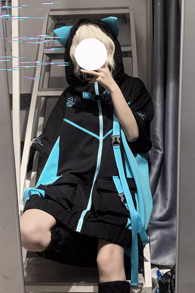 Black/Blue Chip Hacker Cyberpunk Functional Print Hooded Jirai Kei Japanese Sports Jacket