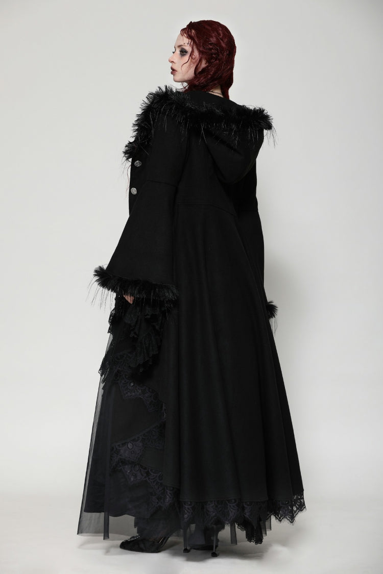 Charcoal Hooded Romantic Coat with Flared Sleeves and Buttons