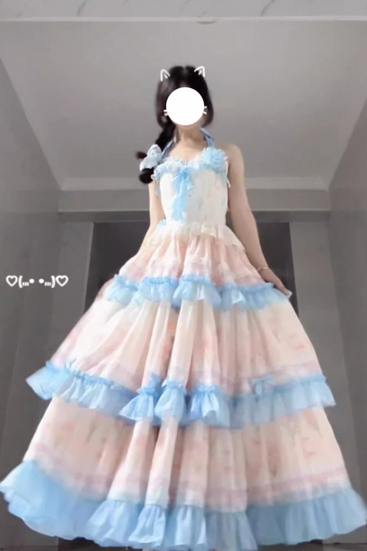 Blue and Pink Sweet Lolita Dress with Print and Backless Ruffle Style