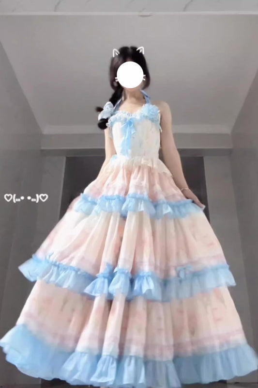 Blue and Pink Sweet Lolita Dress with Print and Backless Ruffle Style