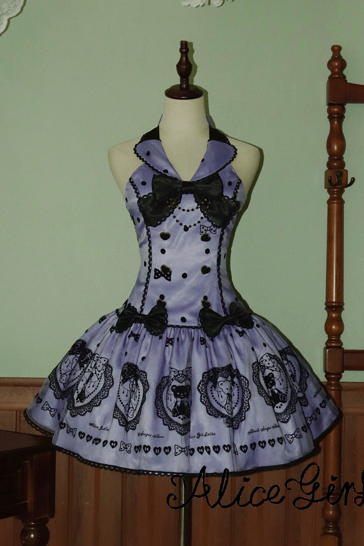 Purple Halterneck Sleeveless Embroidered Bow Sweet Dress - Sugar Bear
