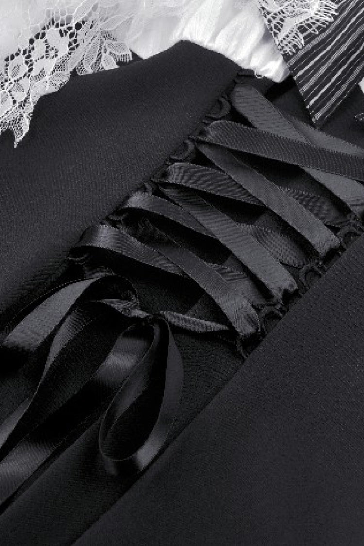 Lace High Collar Asymmetric Long Trumpet Puff Sleeves Bowknot Gothic Short Dress