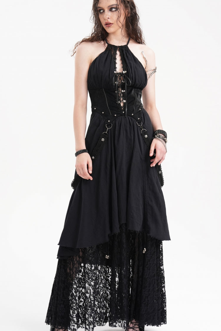 Alluring Black Hollow Lace Halter Gothic Strap Maxi Gown