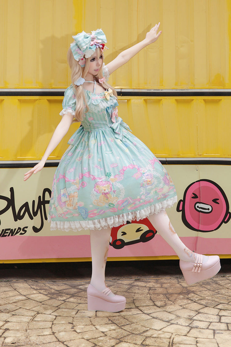 Green Square Collar Lantern Sleeve Sweet Lolita Dress with Bow Print - Macarons Dolly House