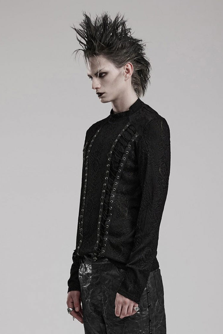 Raven Crewneck Long-Sleeve Jacquard Symmetrical Rope Gothic Tee for Men