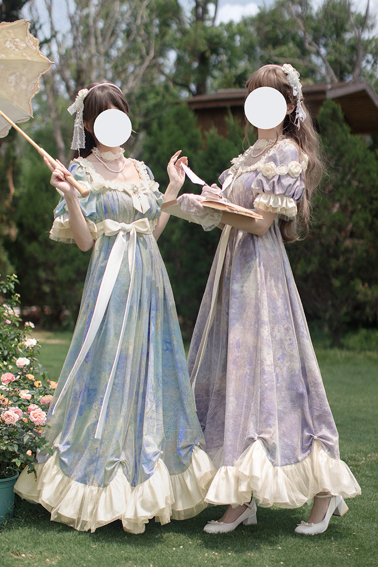 Violet Sun Moon Poem Short Sleeve Printed Bow Princess Lolita Dress