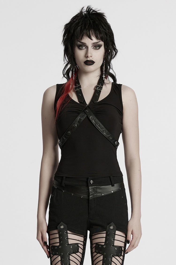 Cool Black Buckle Strap Sleeveless Halter Punk Vest