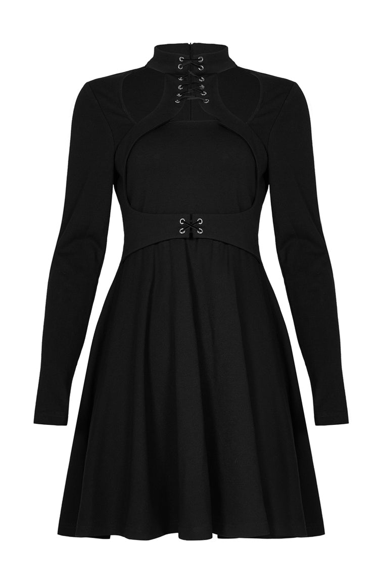 High Collar Front Chest Lace-Up Shoulder Hollow-Out Long Sleeve Punk Dress