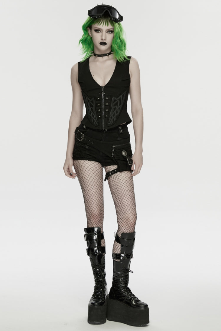 Embossed Studded Zippered Punk Sleeveless Vest with V-Neck