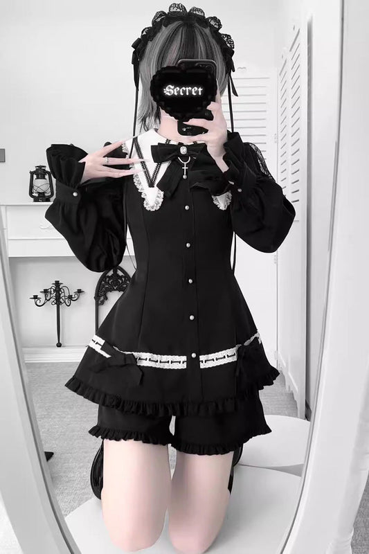 Black Ruffled Bow Gothic Dress Shorts