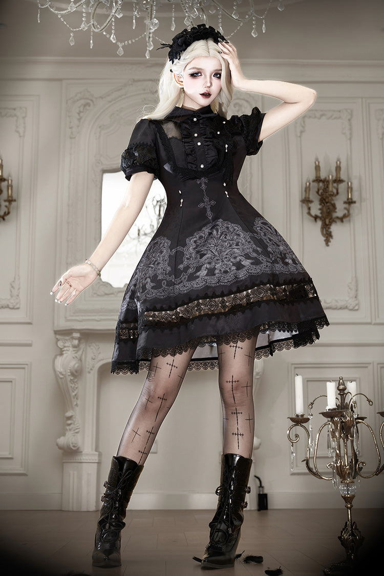 Black Classic Gothic Dress with Embroidered Lace