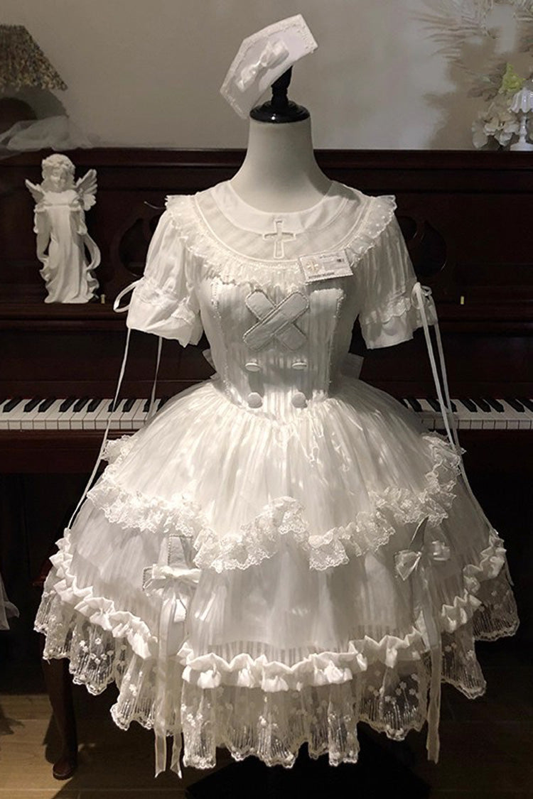 White Short-Sleeved Ruffled Bow Lace Gothic Elegant Lolita Dress