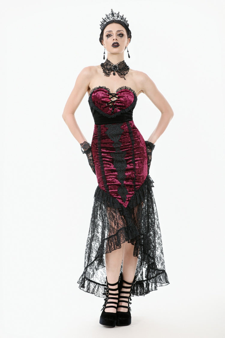 Crimson & Noir Velvet & Lace Lace-Up High-Low Maxi Gothic Skirt