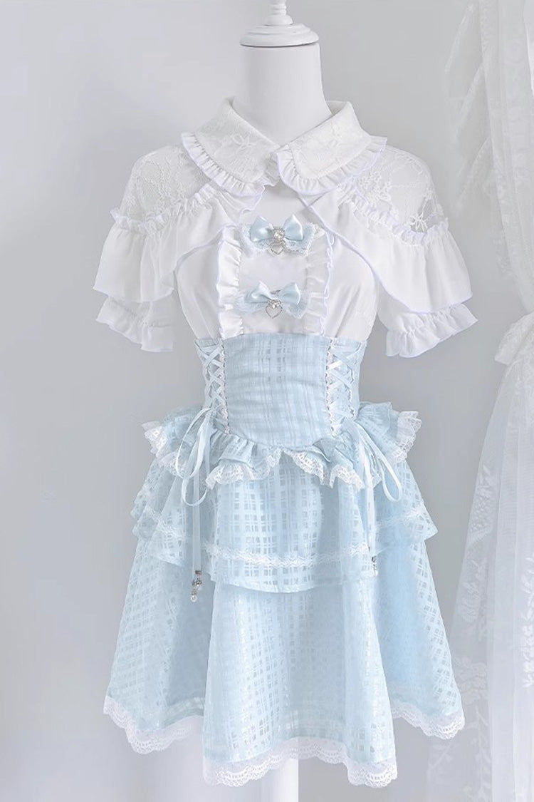 White/Blue Short Sleeve Double-Layered Ruffle Hollow Bow Lace-Up Jirai Kei Skirt Set